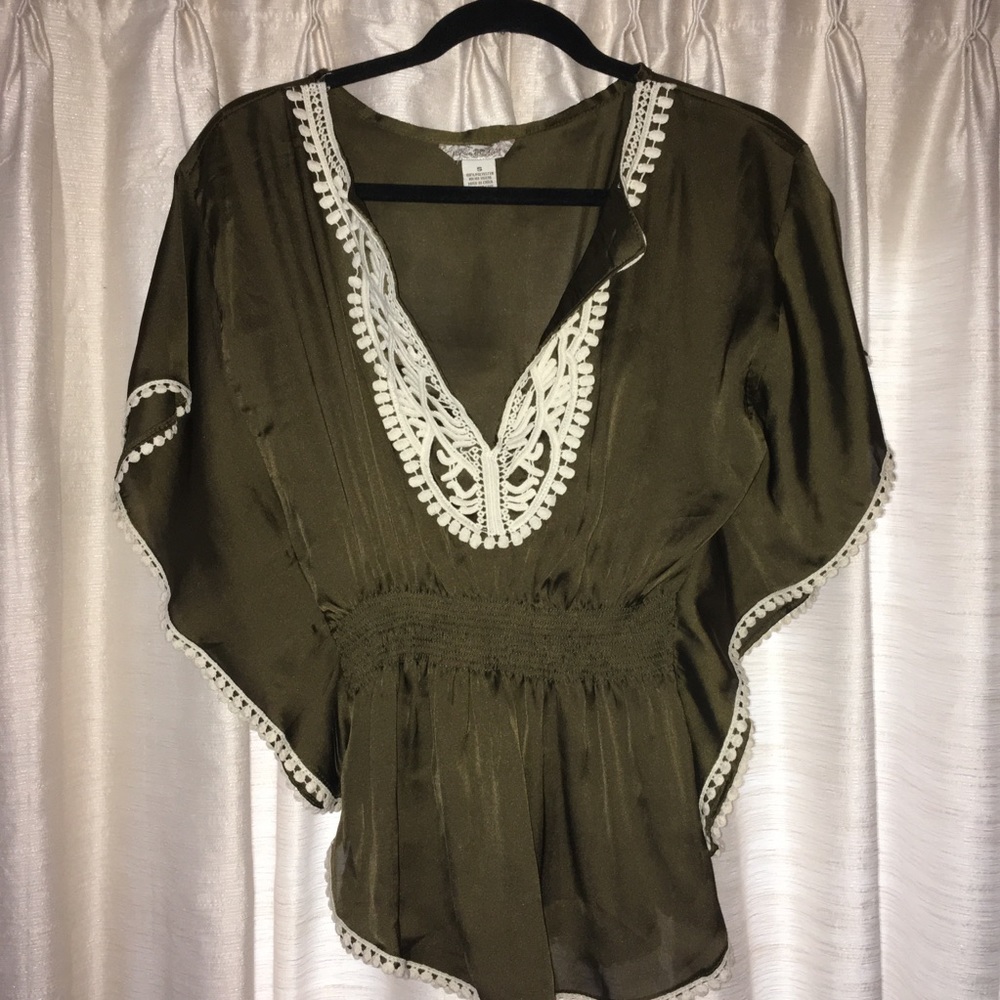 Olive Green Blouse with Cream Lace